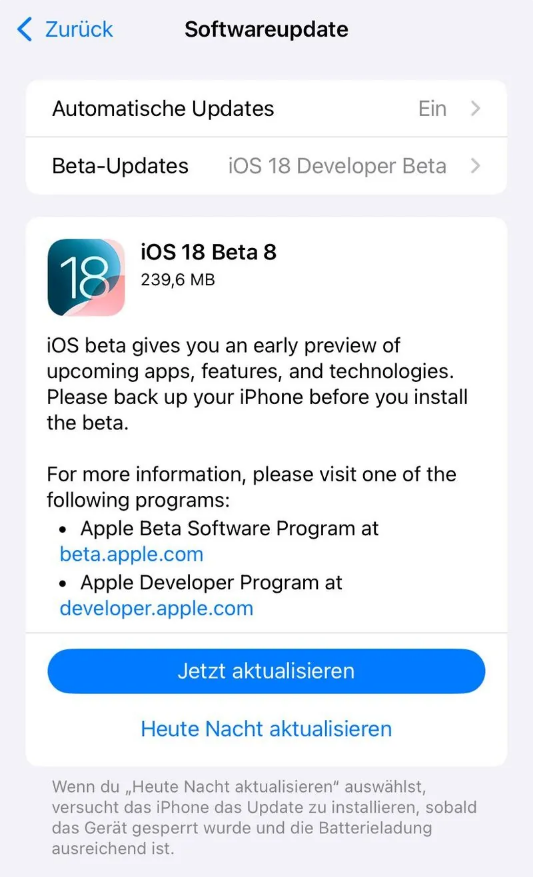 西充苹果手机维修分享苹果 iOS / iPadOS 18 开发者预览版 Beta 8 发布 